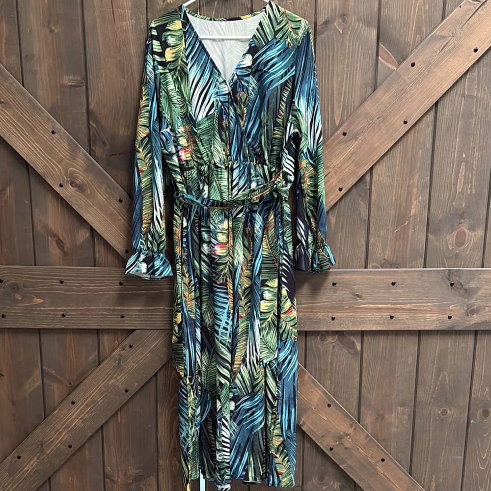 SHEIN Tropical Leaf Print Maxi Dress - Green and Blue